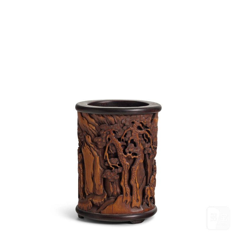 二十世紀 竹刻山水人物圖筆筒 黃楊木貼皮八吉祥紋長方蓋盒 | A BAMBOO BRUSHPOT AND A BOXWOOD VENEERED RECTANGULAR BOX AND COVER - 图7